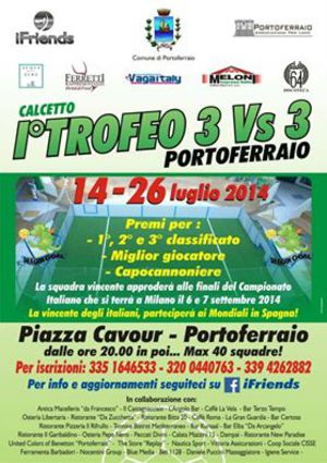 Portoferraio riparte dai giovani. I° Edizione del Torneo di calcio 3 vs 3 organizzato dall’associazione iFriends in collaborazione con il Comune di Portoferraio e la Pro Loco. 
